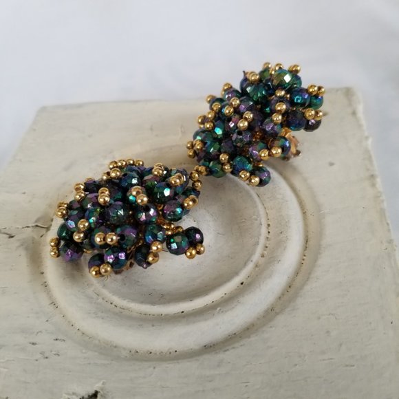 Vintage AB Crystal Rhinestone Clip On Earrings - Picture 6 of 12